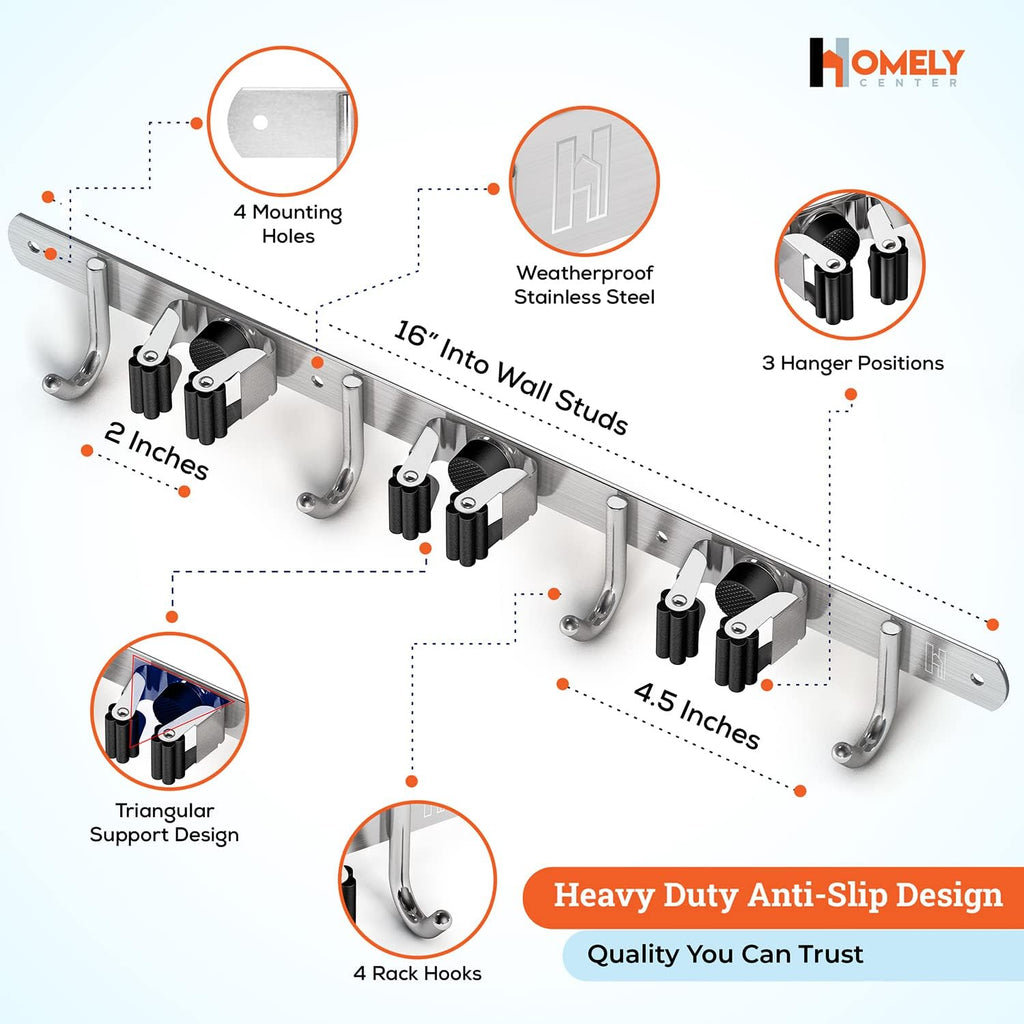 Mop and Broom Holder Wall Mount – Heavy-Duty Closet Organizer for Garage, Kitchen, Laundry Organization – Tool Hanger with 3 Racks and 4 Hooks