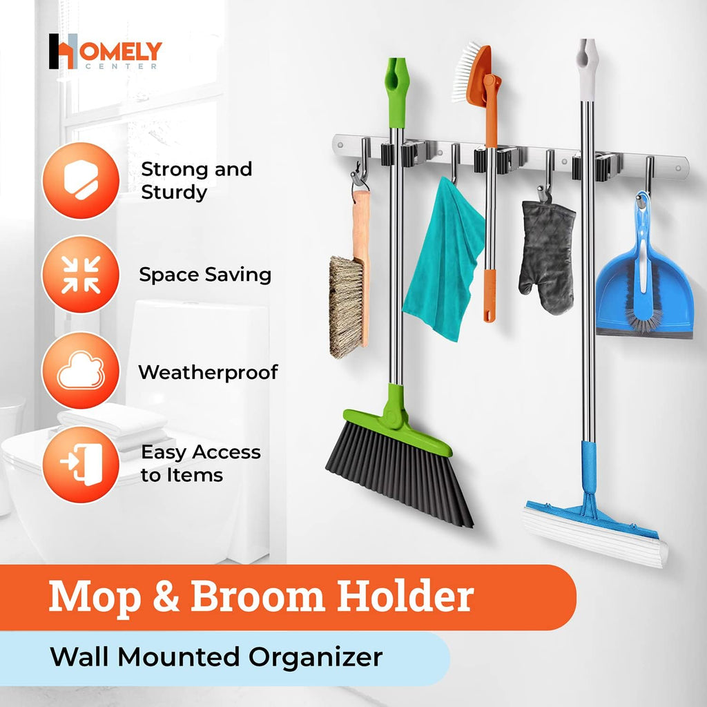 Mop and Broom Holder Wall Mount – Heavy-Duty Closet Organizer for Garage, Kitchen, Laundry Organization – Tool Hanger with 3 Racks and 4 Hooks