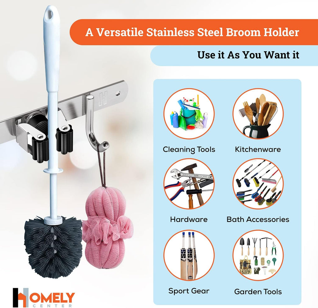 Mop and Broom Holder Wall Mount – Heavy-Duty Closet Organizer for Garage, Kitchen, Laundry Organization – Tool Hanger with 3 Racks and 4 Hooks