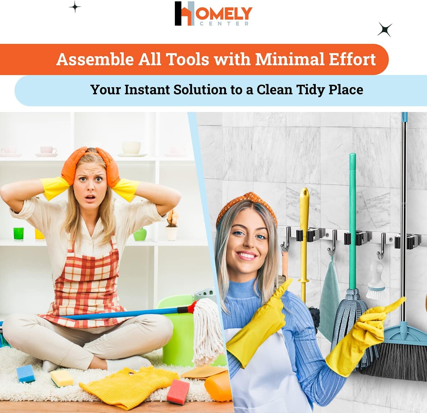 Mop and Broom Holder Wall Mount – Heavy-Duty Closet Organizer for Garage, Kitchen, Laundry Organization – Tool Hanger with 3 Racks and 4 Hooks